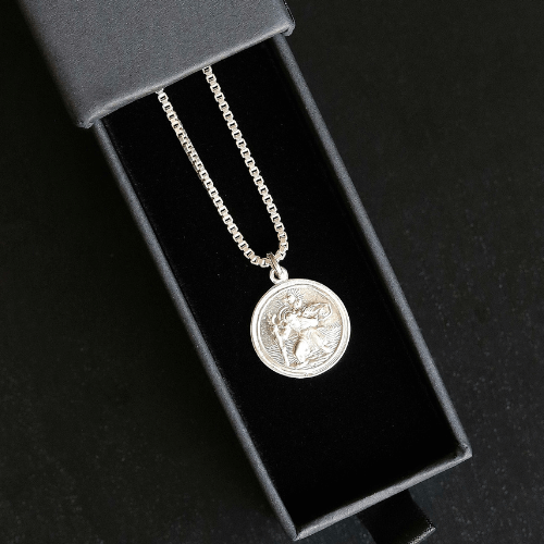Men's Silver St Christopher Pendant with Box Chain