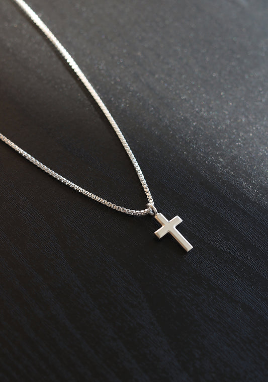 Men's Silver Box Chain with Cross Pendant